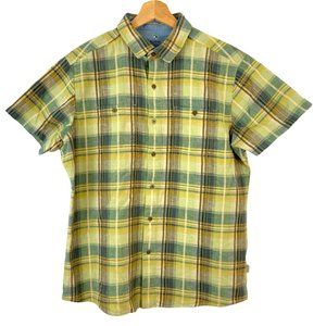 Kuhl Mens L Linen Blend  Tapered Fit Yellow Plaid Short Sleeve Button Front Top